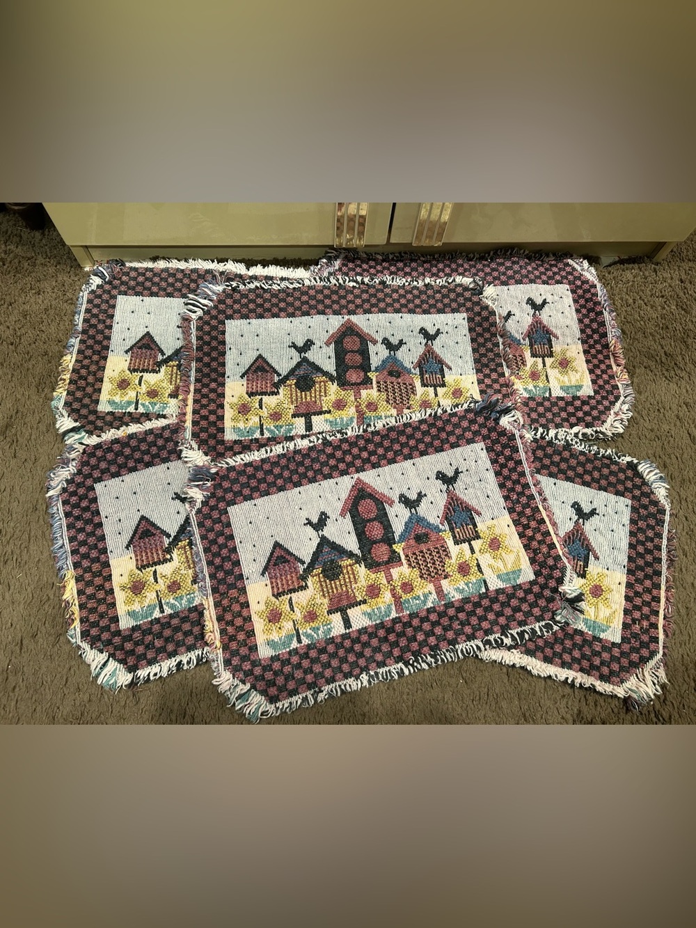 Vintage Pink and Cream Birdhouse Tapestry Kitchen Placemats Set6